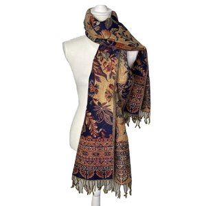Pashmina Scarf Blue Gold Orange Paisley Floral Print Asian Boho 20”x70”
